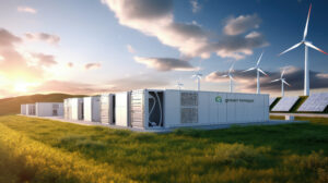 Concept Of Energy Storage System. Renewable Energy Photovoltaics, Wind Turbines And Li Ion Battery Container In Morning Fresh Nature. 3d Rendering.